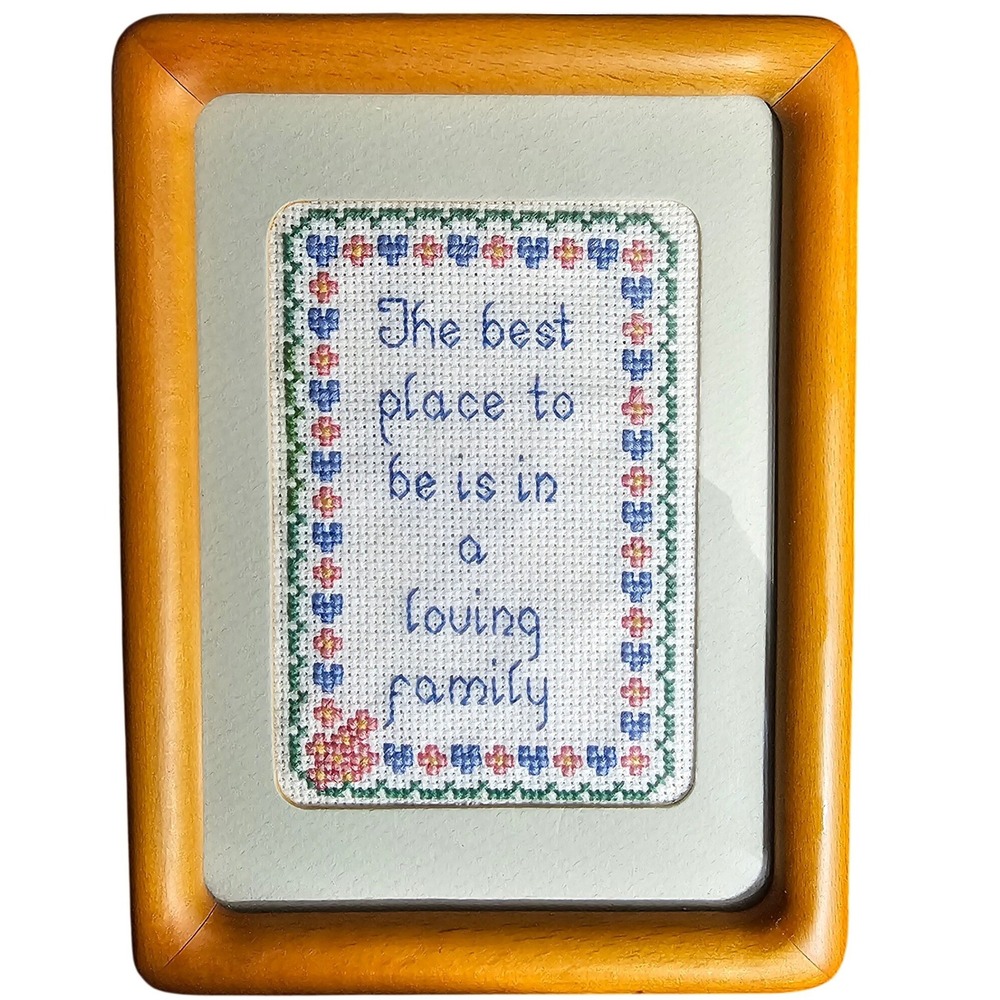Vintage Framed Cross Stitch Family Sentiment Floral Border Wood Frame Art